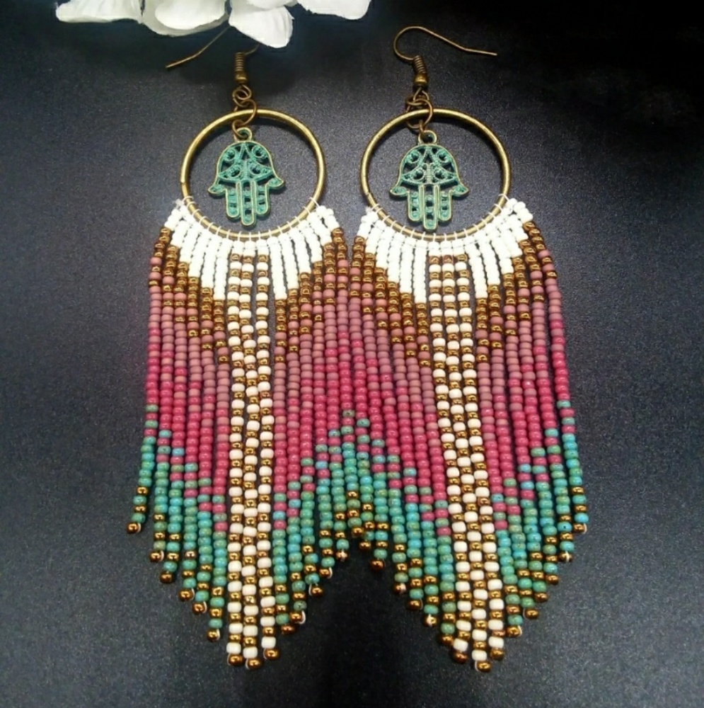 Hamsa Hand Charm Beaded Fringe Hoop Earrings
